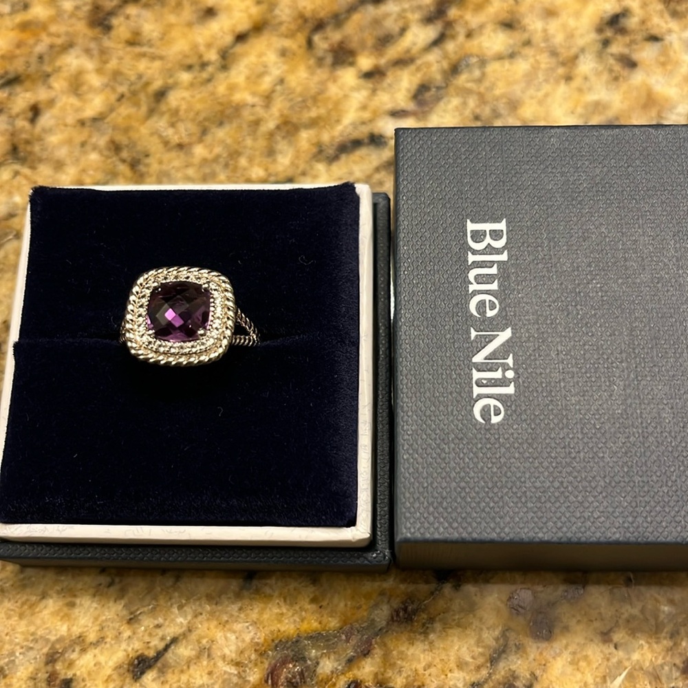 NWB Blue Nile Corda Cushion-Cut Sterling Silver Halo Amethyst White Topaz Ring